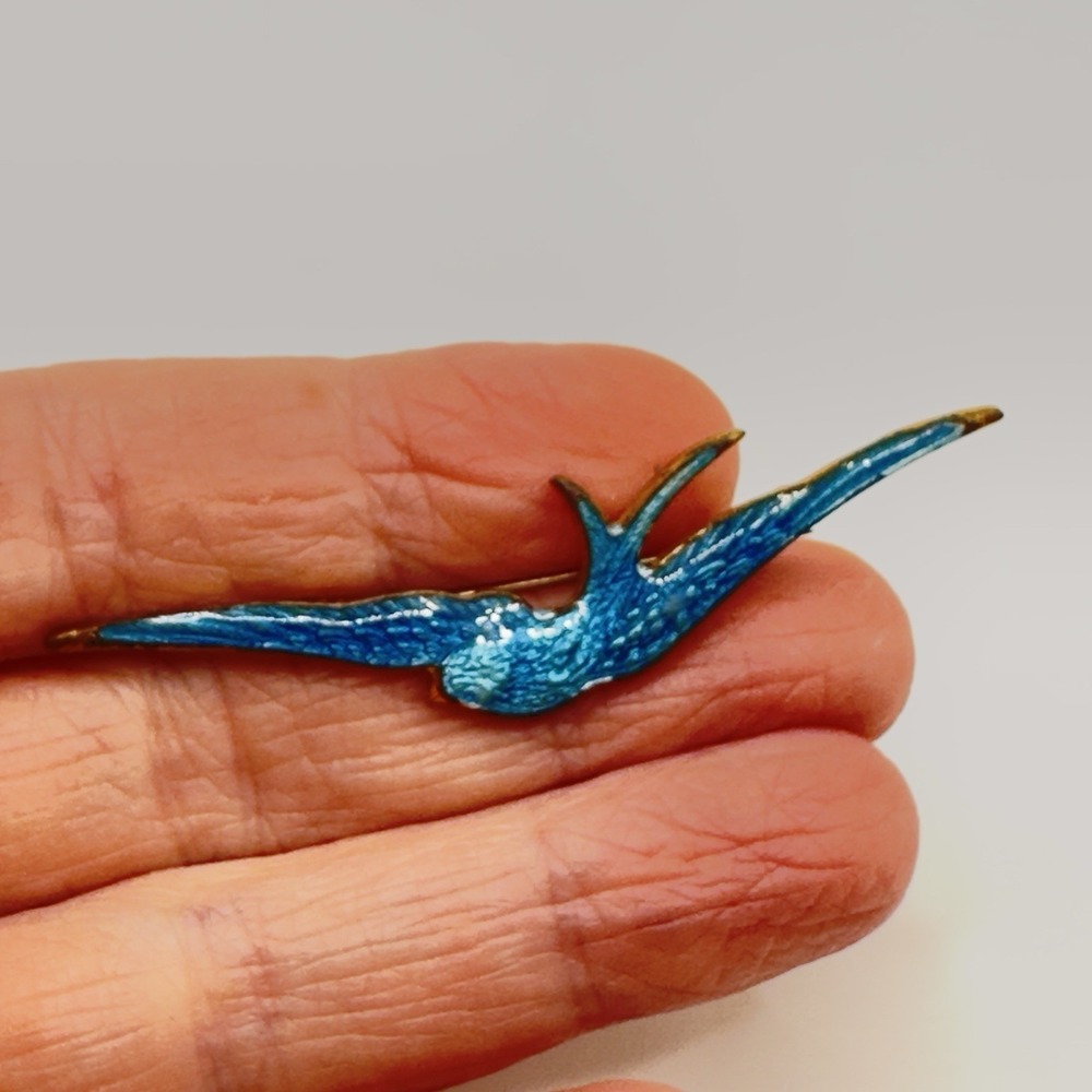 Antique Victorian Bluebird Swallow Pin Brooch Guilloche Enameled 2.5" - Picture 3 of 10